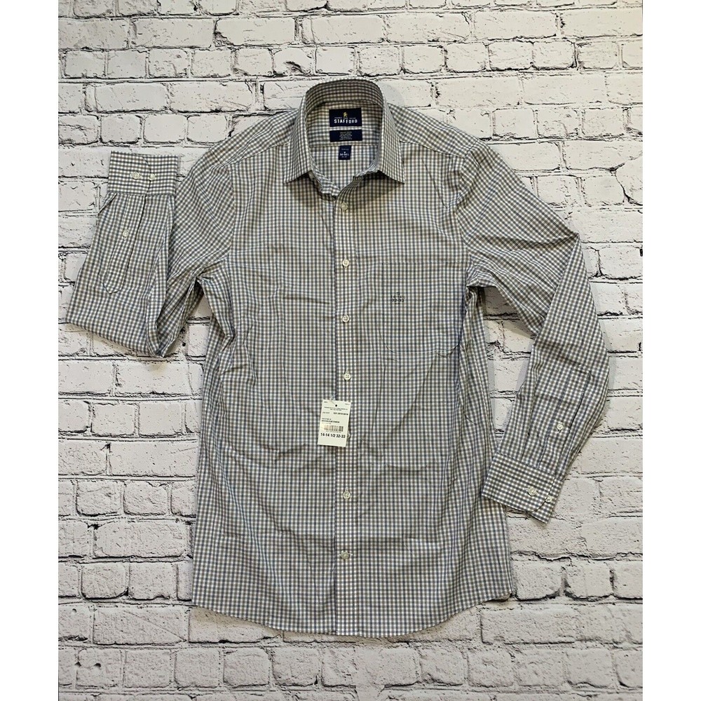 NWT STAFFORD COOLMAX DRESS SHIRT Slim Fit Blue/Brown/white Size S 14-14.5 32-33